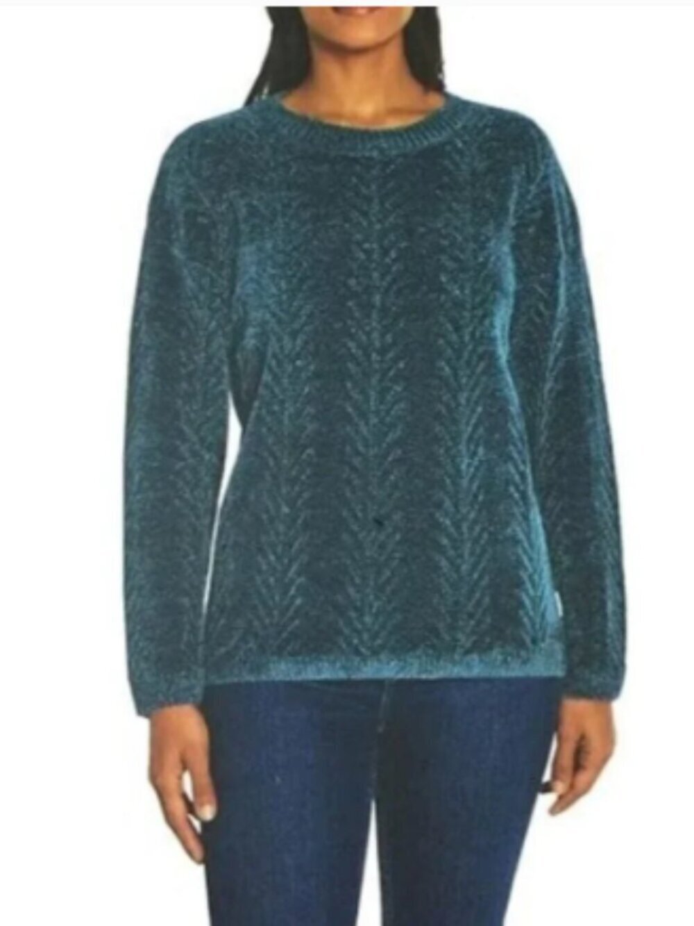 Orvis Womens Size Medium Crewneck Sweater Dark Teal Blue Green Chenille Textured